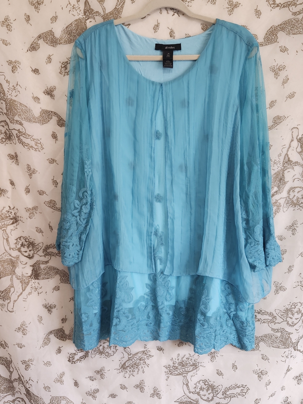 Ali Miles Turquoise Layered Lace Button-Front Tunic